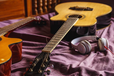 High angle view of guitar