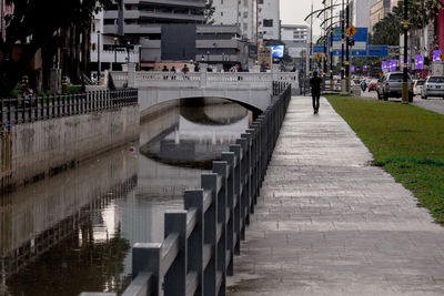 People walking on footbridge in city