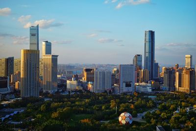 Cityscape against blue sky