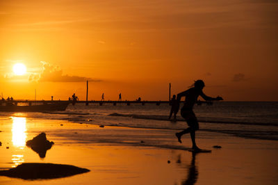 Silhouette people enjoying at sea shore during sunset