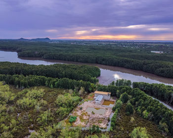 High angle view of landscape against sky during sunset