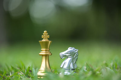 Close-up of chess pieces on grassy field