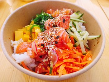 High angle view of salad in bowl on table