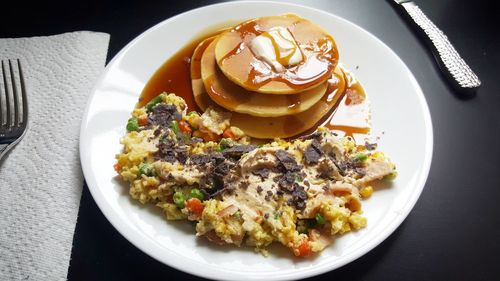 High angle view of food in plate on table