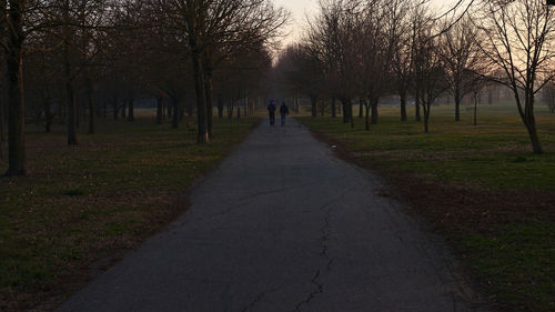 Footpath amidst bare trees in park
