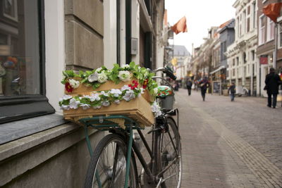 Close-up of bicycles on city street