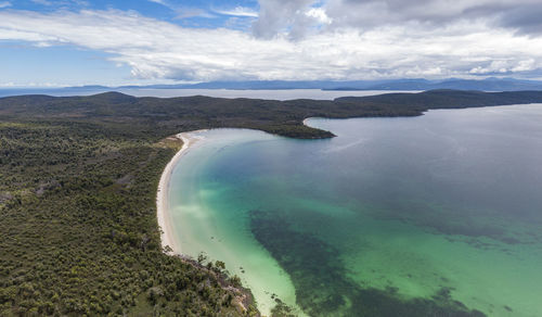 Aerial view of kingfisher beach, jetty beach in great taylors bay, bruny island, tasmania, australia