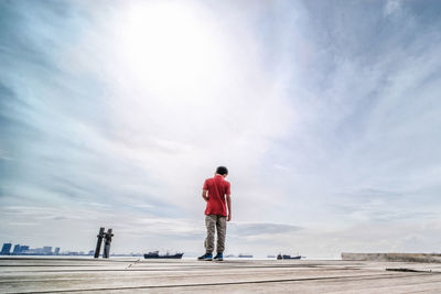 Rear view of boy standing on pier against sky