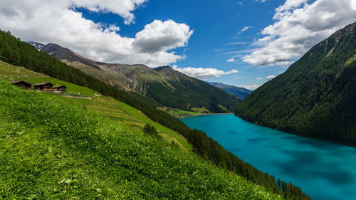 Vernago lake landscape taken from surrounding mountains, senales, italy