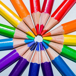 High angle view of multi colored pencils on table