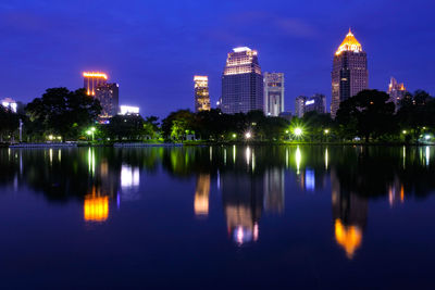 Reflection of illuminated buildings in lake at night