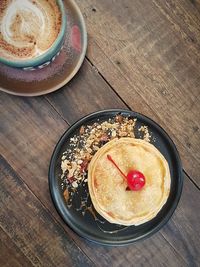 High angle view of breakfast served on table
