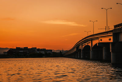 Bridge over river against sky during sunset