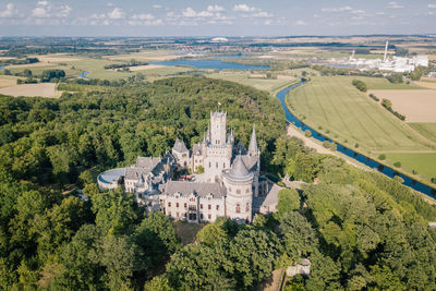 High angle view of trees and buildings