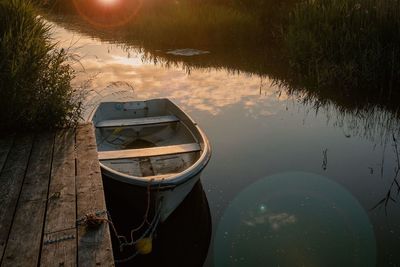 High angle view of boat moored on lake