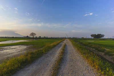 Dirt road amidst field against sky