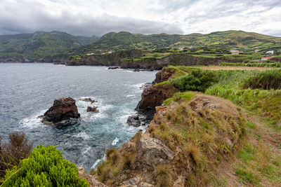 Scenic view of sea and rocks against sky