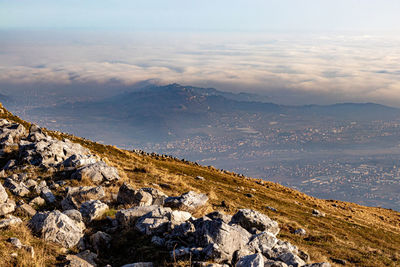 Pianura padana's view with fog and clouds from mountains