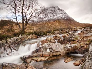 Cold winter day on meadow at river coupall close to river etive near glencoe in scottish highlands