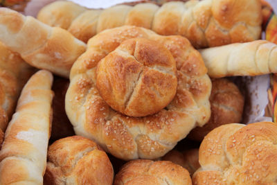 Close-up of bread rolls in basket on table