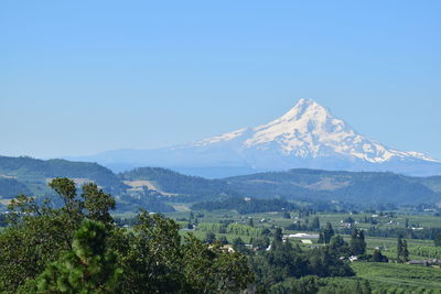 Scenic view of mountains against clear blue sky