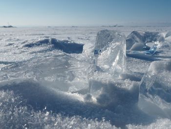 Close-up of frozen sea against sky