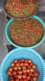 High angle view of cherries in bowl