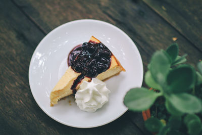 High angle view of dessert in plate on table