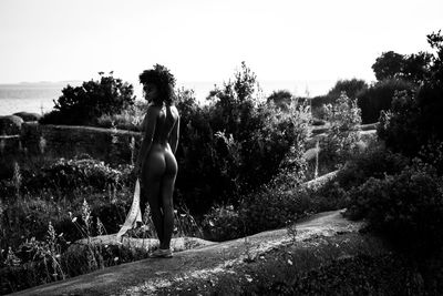 Woman standing by trees against clear sky