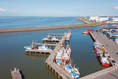 Aerial from the fishing harbor in harlingen at the ijsselmeer in the netherlands