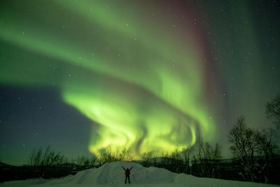 Scenic view of landscape and aurora borealis against sky at night