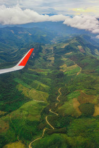View from airplane over mountain and the mekong river, luang prabang, laos.