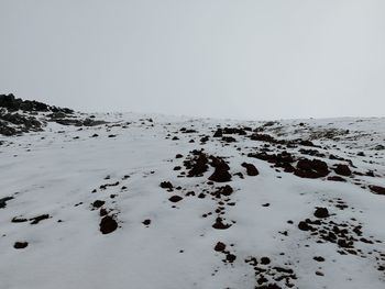 Scenic view of snow covered land against clear sky