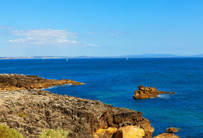 Atlantic ocean coast in cascais portugal . rock coastal formation