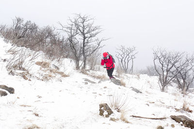 Woman standing on snow covered landscape
