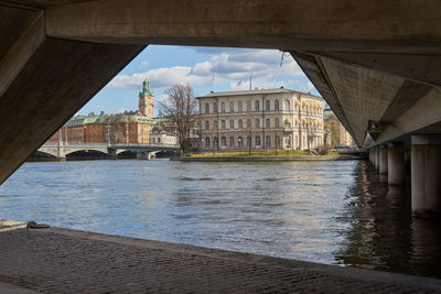 Bridge over river in city against sky