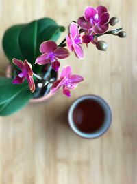 Flower pot on wooden table