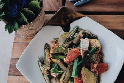 High angle view of vegetables in plate on table