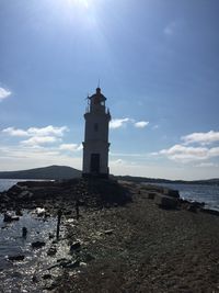 Lighthouse by sea against sky