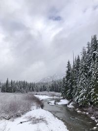 Scenic view of snow covered land against sky