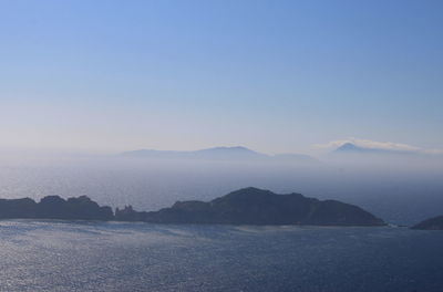 Scenic view of sea and mountains against clear blue sky