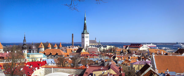 Panoramic view, aerial skyline of old city town, toompea hill, architecture, roofs of houses 