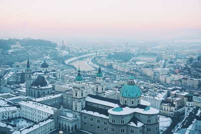 High angle view of cityscape against clear sky