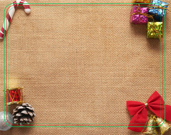 Directly above shot of christmas decorations on table