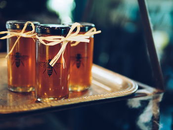 Close-up of glasses on table