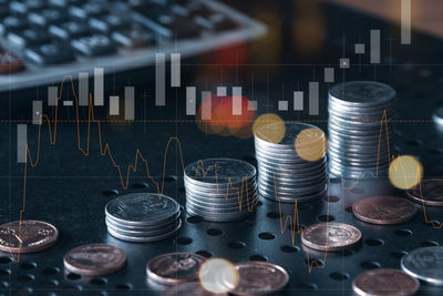 High angle view of coins on table