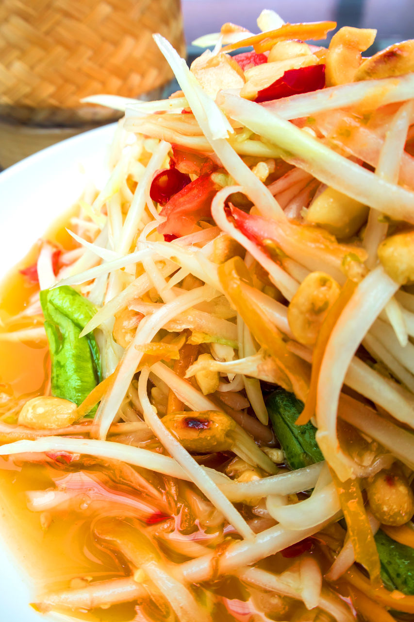 HIGH ANGLE VIEW OF NOODLES WITH RICE AND VEGETABLES