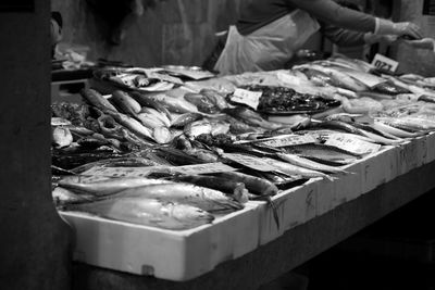 High angle view of fish for sale at market stall