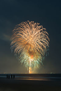Firework display over sea against sky at night