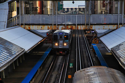 High angle view of train at railroad station